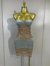 Leilani strapless sheer mesh mini dress with sparkling rhinestones and pearl chain embellishments