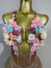 Clarice colorful floral diamond chain mesh bodysuit with luxury embellishments and fitted silhouette