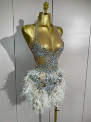 Shine in the Lasha luxury rhinestone feather mesh patchwork mini dress. Elegant party dress for birthdays, cocktails, and special occasions.