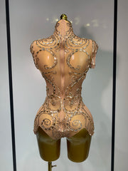 Denise sparkly rhinestone mesh bodysuit with sheer fabric and shimmering crystals.