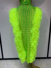 Luxury rhinestone strapless two-piece outfit with sparkly crop top and skirt for party or stage wear.