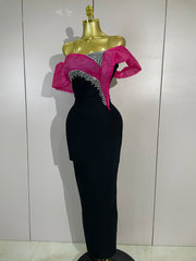 Lashae off shoulder diamond bodycon bandage maxi dress for women. Elegant party outfit for cocktails, birthdays, and evening events.
