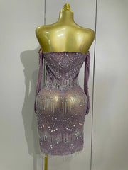 Luxury Sparkly Rhinestones Chain Sexy Mesh Purple Mini Dress With Gloves Women Evening Birhthday Party Nightclub Stage Costume