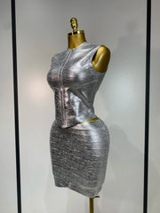 Jamie bronze sleeveless bandage two-piece set with fitted top and bodycon mini skirt
