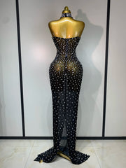 Rhinestone transparent mesh maxi dress with long elegant silhouette