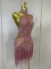 Louise luxury sparkly rhinestone tassel backless mesh mini dress for nightclub and birthday party styling