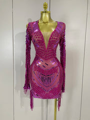 Candice sparkling diamond sequin tassel long sleeve sheer mesh mini dress for women party night out