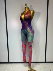 Raiz Colorful Rhinestone Mesh Bodycon Jumpsuit for Women