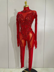Luxury sheer rhinestone mesh jumpsuit with glittering diamonds and sequins for festival or stage wear.