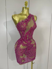 Kelly sexy one shoulder sparkly rhinestone mesh see through mini dress
