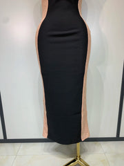 Sally sleeveless lace patchwork bandage dress with a fitted bodycon silhouette