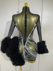 2026 Sexy Stage Costume Sparkly Diamond Black Mesh Long Sleeves See-Through Mini Dress Women Luxury Birthday Eveing Party Gown