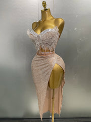 Mannequin Wearing a Sparkly Rhinestone Sequins Two Pieces Birthday Dress with Crystal Embellishments and a Bodycon Fit, Styled for Luxe Celebrations