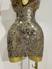 Maya sparkly rhinestones mirror mesh mini dress, sexy hollow-out luxury women’s party outfit 2025.