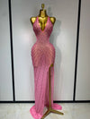 Shine in this rhinestone halter mesh split maxi dress. Sexy backless party dress for birthdays, stage shows, cocktail parties, and evening events.