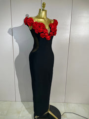 Astrid red off-shoulder bandage maxi dress featuring dimensional 3D floral embellishments and a fitted bodycon silhouette