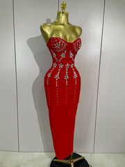 Strapless sparkly diamond long bodycon bandage dress for women, luxury evening and birthday wear.