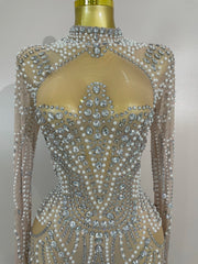 Brenda short mesh dress with pearls and sparkling diamond details for elegant party wear.