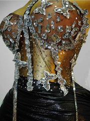 black 2 Piece sets Sequin Dress Crystal Tassel Sexy Club Stage Performance Celebrate Birthday Party Dance Clothing