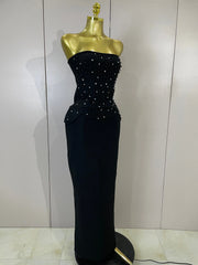 Hazel black strapless two-piece dress set with pearl beaded top and long bodycon bandage skirt