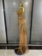 Hailey sexy strapless mesh crystal see through maxi dress