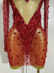 Women Red Sparkly Diamonds Sequins Mesh See Through Long Sleeves Mini Dress Eveing Birthday Party Sexy Nightclub Stage Costume
