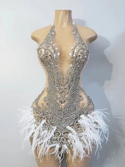 Gorgeous Halter Sleeveless Luxury Beaded Silver Crystals White Feather Cocktail Dresses Birthday Party Gowns