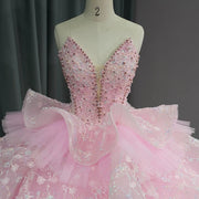 Pink Sleeve Crystal Quinceañera Dress