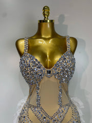 Sheree sheer mesh bodysuit featuring sparkling diamond-like embellishments for dance and stage performances