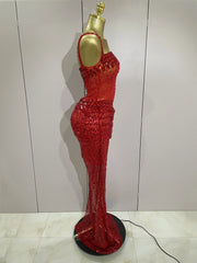 sparkly red rhinestone sequin 2-piece long dress, perfect for stage, birthday celebrations, and glamorous evening events.