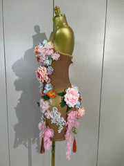 Zel Sexy Rhinestone 3D Floral Tassel Mesh Mini Dress for Women