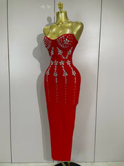 Strapless sparkly diamond long bodycon bandage dress for women, luxury evening and birthday wear.