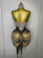 Laine crystal beaded mesh backless mini dress for women. Sexy sparkly outfit for birthdays, prom, and evening parties.
