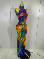 Felicia Colorful Rhinestone Print High Slit Sleeveless Long Dress