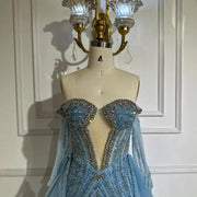 2025 Blue Mermaid Evening Gown with Gloves and Overskirt