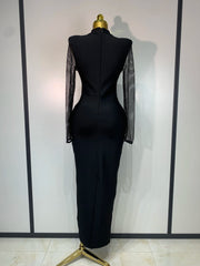 Caroline black long sleeve beaded maxi bandage dress for evening parties, birthdays, or formal events.