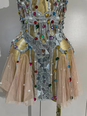 Alice colorful rhinestone mirror mesh mini dress with a sheer bodycon silhouette for a glamorous party look