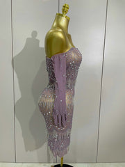 Luxury Sparkly Rhinestones Chain Sexy Mesh Purple Mini Dress With Gloves Women Evening Birhthday Party Nightclub Stage Costume