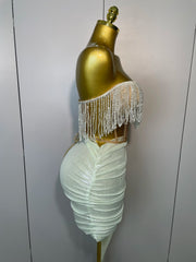 Renee wearing a sparkly beading strapless luxury mini dress for prom night.