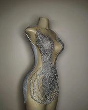 Sparkly Silver Diamond Birthday Sexy See Through Dress
