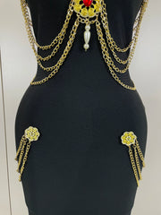 Helaena black chain spaghetti strap V-neck split bandage dress for date night and cocktail party styling