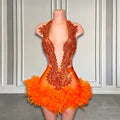 Orange Feather Sheer Crystal Luxury Birthday Short Dress