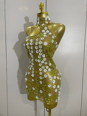 cLARICE sparkly rhinestones white flower see-through mini dress for women, sexy birthday party outfit, photoshoot gown, stage performance costume 2025