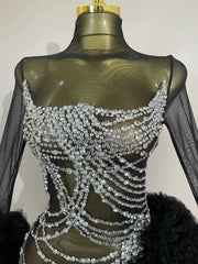 2026 Sexy Stage Costume Sparkly Diamond Black Mesh Long Sleeves See-Through Mini Dress Women Luxury Birthday Eveing Party Gown