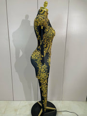 Minchie luxury sparkly diamonds print long sleeve stretch jumpsuit for women party night out