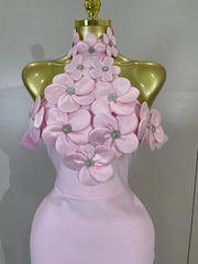 Turn heads in the Laiza halter backless flower bandage bodycon maxi dress. Elegant gown for weddings, birthdays, cocktail parties, and events.