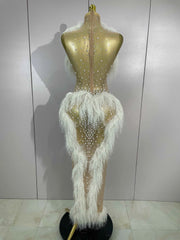 2026 New Sparkly Pearl Tassel Mesh See Through Long Dress Women Sexy Luxury Birthday Prom Party Nightclub Singer Stage Costume