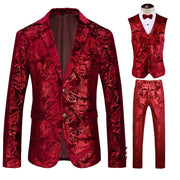 Luxury men’s 3-piece floral print suit with blazer, vest, and trousers for formal or wedding wear