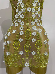 cLARICE sparkly rhinestones white flower see-through mini dress for women, sexy birthday party outfit, photoshoot gown, stage performance costume 2025
