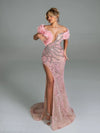Off shoulder 3D floral prom dress with side slit and floor length silhouette.